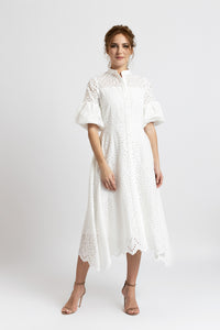 White cotton midi dress with embroidery and puffed sleeves