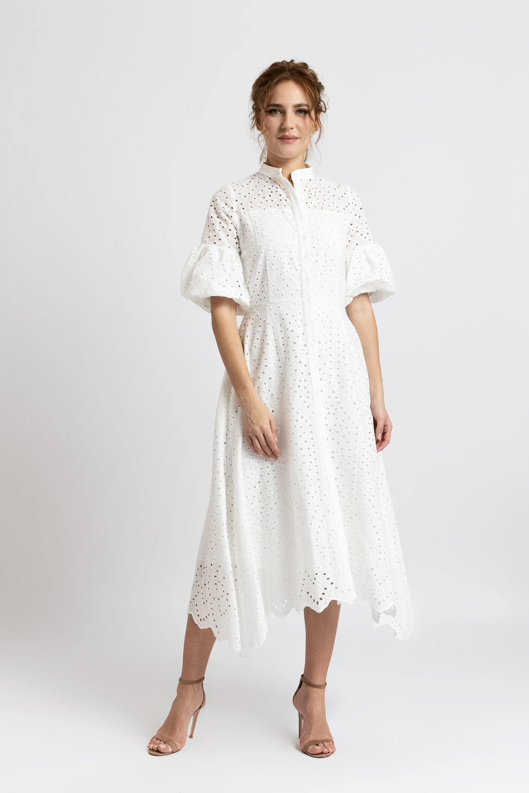 Load image into Gallery viewer, White cotton midi dress with embroidery and puffed sleeves