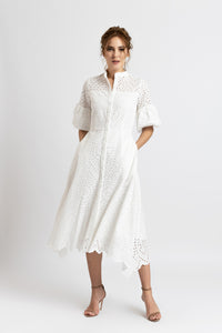 White cotton midi dress with embroidery and puffed sleeves