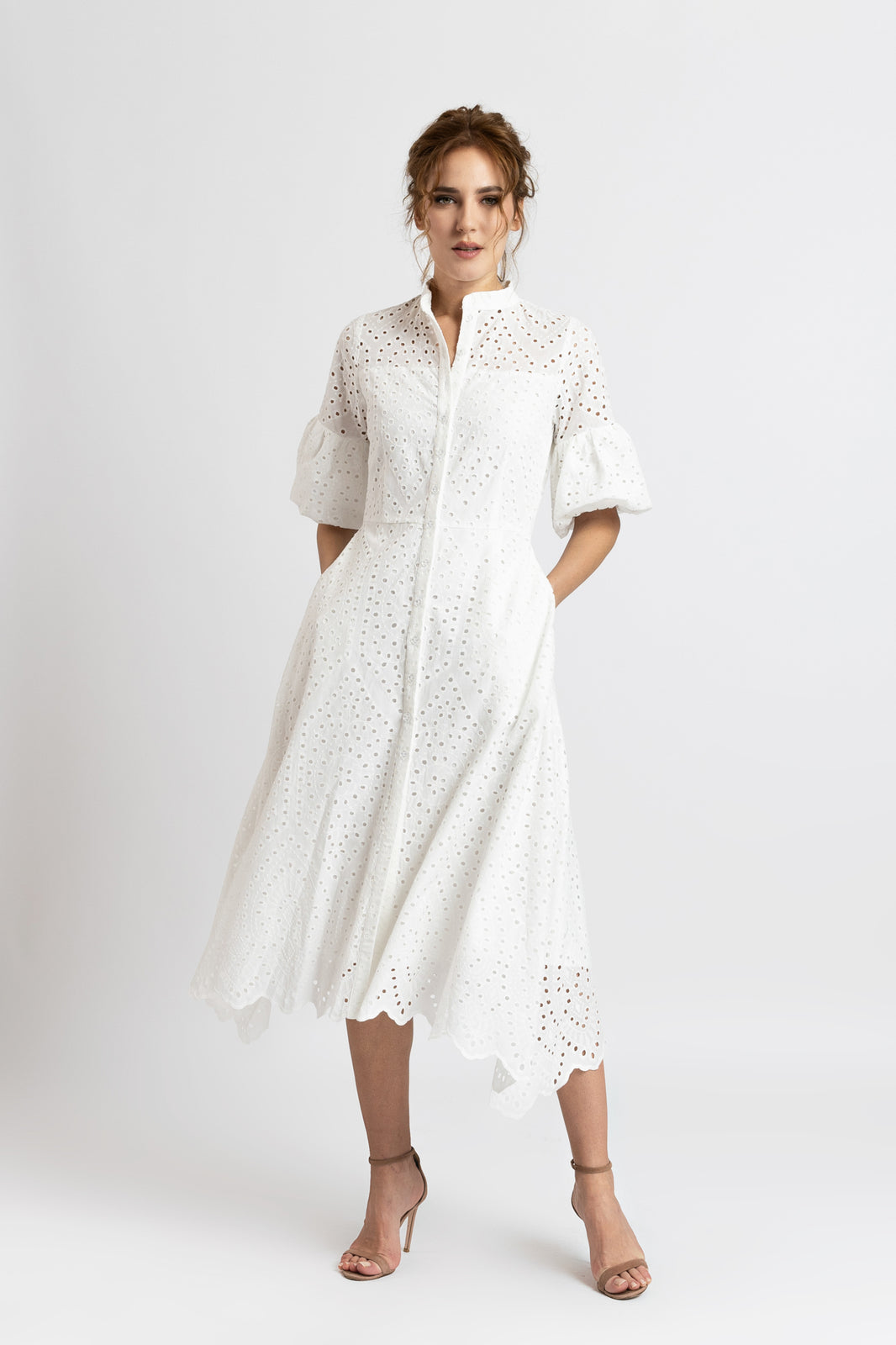 Load image into Gallery viewer, White cotton midi dress with embroidery and puffed sleeves