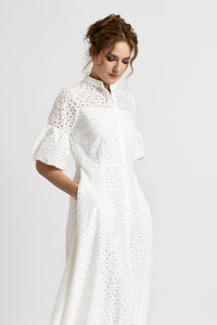 White cotton midi dress with embroidery and puffed sleeves