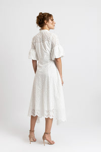 White cotton midi dress with embroidery and puffed sleeves