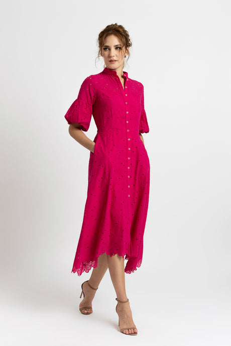 Fuchsia cotton midi dress with short sleeves and drawstring at the waist