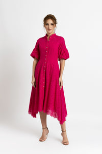 Fuchsia cotton midi dress with short sleeves and drawstring at the waist