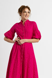 Fuchsia cotton midi dress with short sleeves and drawstring at the waist