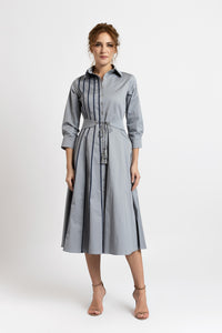 Beige cotton shirt dress with computerized embroidery