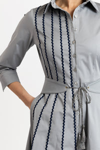 Grey cotton shirt dress with computerized embroidery