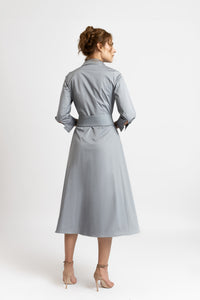 Grey cotton shirt dress with computerized embroidery