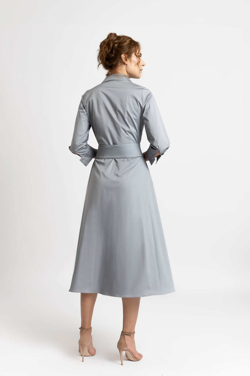 Load image into Gallery viewer, Grey cotton shirt dress with computerized embroidery