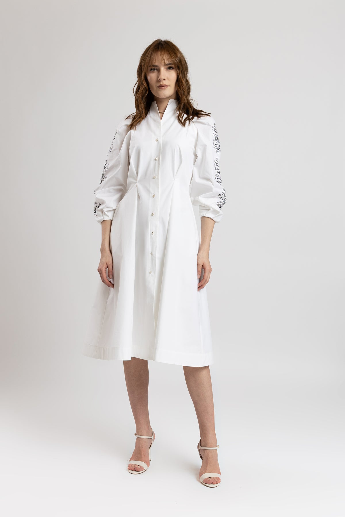 Tunic shirt dress with black computer embroidery and puff sleeves