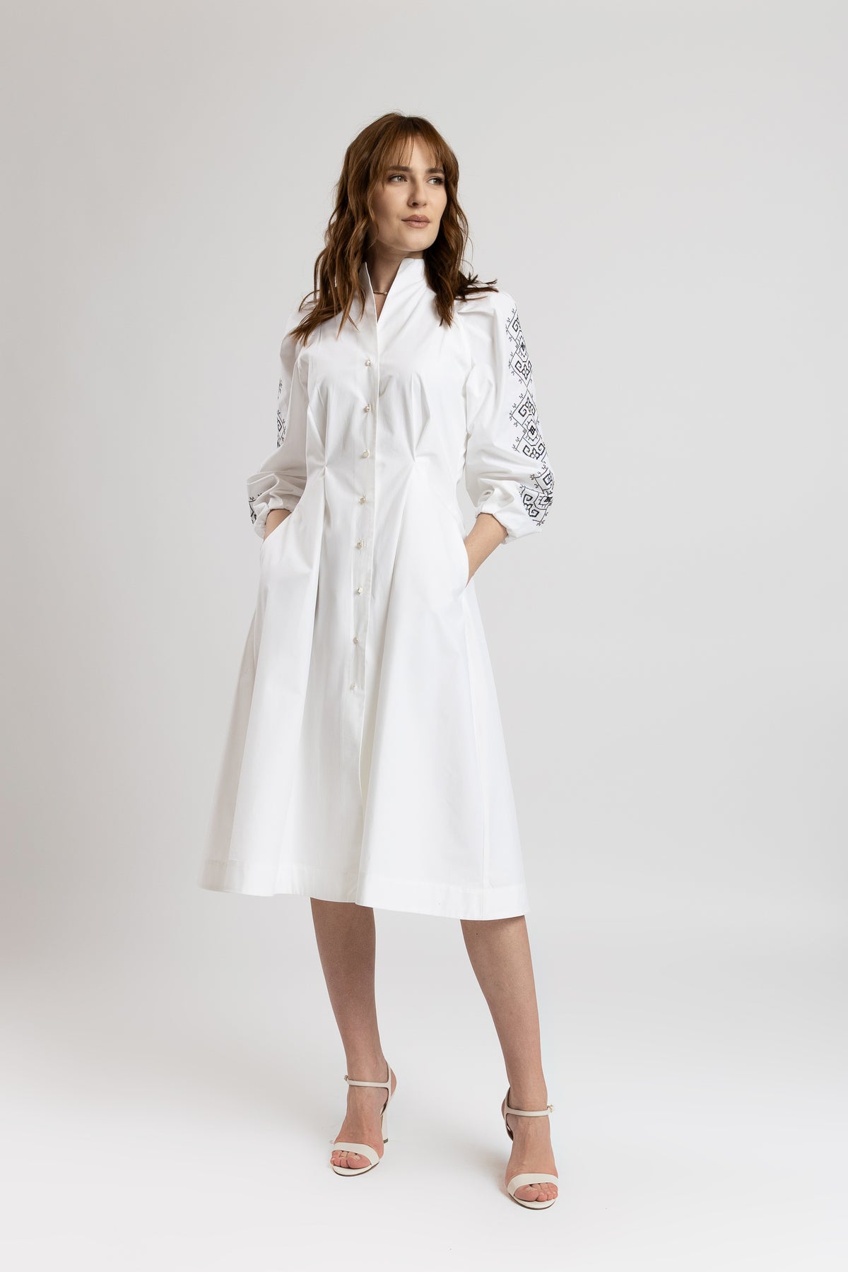 Tunic shirt dress with black computer embroidery and puff sleeves
