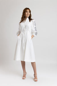 Tunic shirt dress with black computer embroidery and puff sleeves