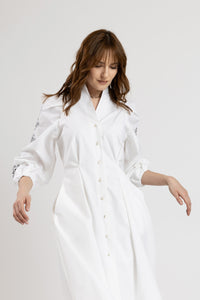 Tunic shirt dress with black computer embroidery and puff sleeves