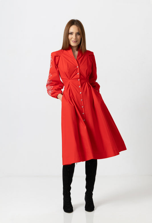 Rochie camasa tip tunica rosie cu broderie computerizata si maneci bufante