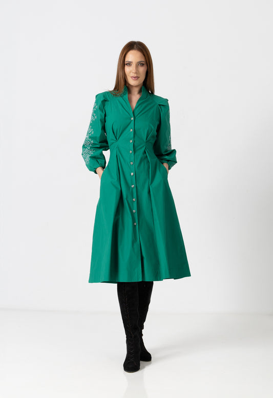 Rochie camasa tip tunica verde cu broderie computerizata si maneci bufante