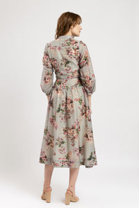 Rochie din bumbac fin gri cu flori colorate