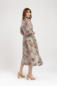 Rochie din bumbac fin gri cu flori colorate