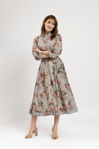 Rochie din bumbac fin gri cu flori colorate