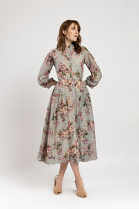 Rochie din bumbac fin gri cu flori colorate