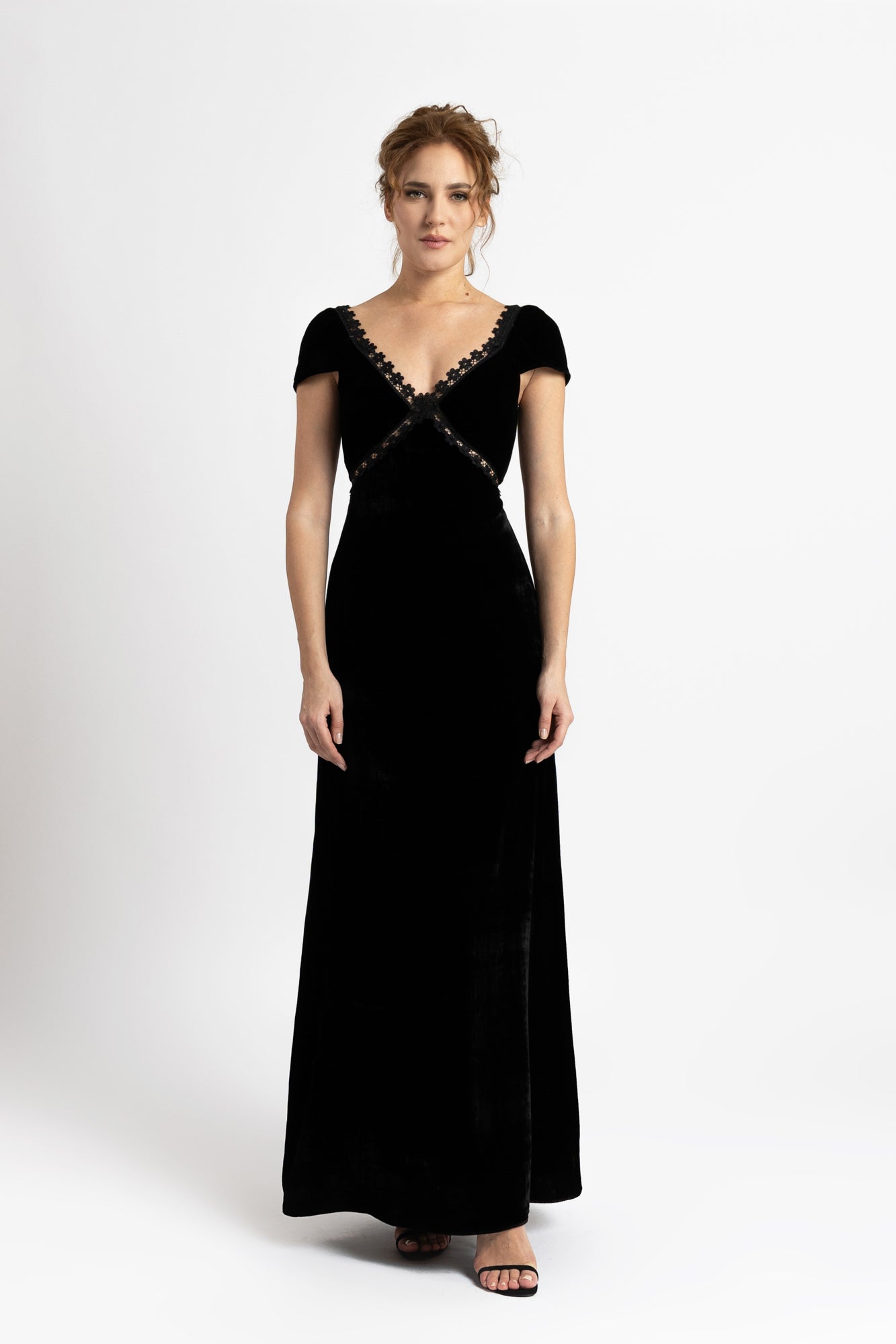 Long silk velvet dress with macrame appliqué