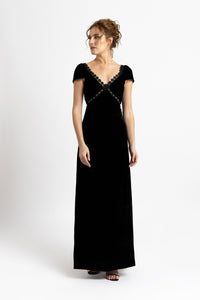 Long silk velvet dress with macrame appliqué