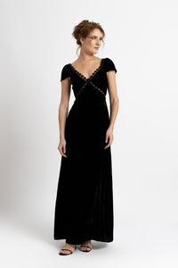 Long silk velvet dress with macrame appliqué