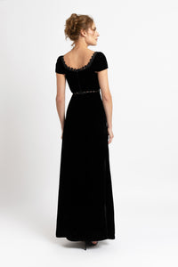 Long silk velvet dress with macrame appliqué