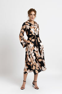 Shirt dress in black satin digitally printed with beige flowers