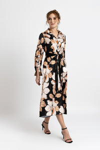 Shirt dress in black satin digitally printed with beige flowers