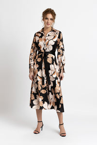 Shirt dress in black satin digitally printed with beige flowers