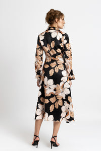 Shirt dress in black satin digitally printed with beige flowers