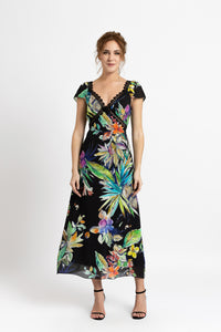 Midi dress in printed viscose and macrame appliqué