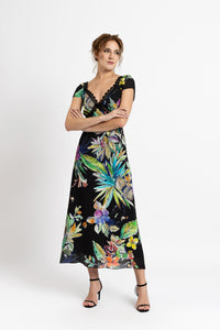 Midi dress in printed viscose and macrame appliqué