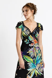 Midi dress in printed viscose and macrame appliqué