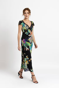 Midi dress in printed viscose and macrame appliqué