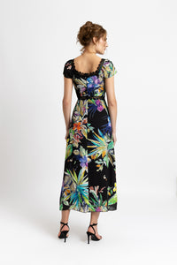 Midi dress in printed viscose and macrame appliqué