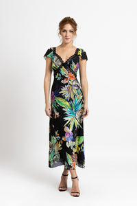 Midi dress in printed viscose and macrame appliqué