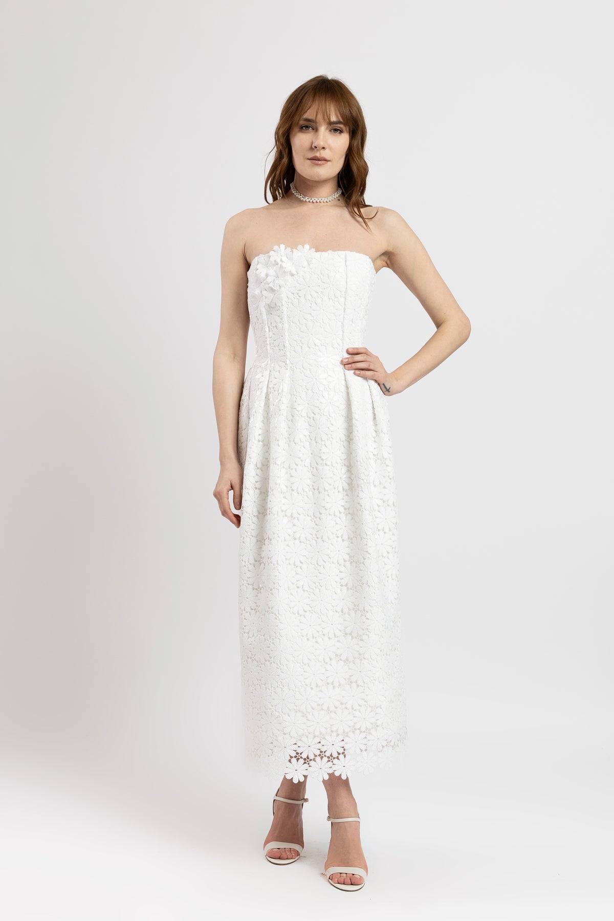 Long white macrame dress with sequins