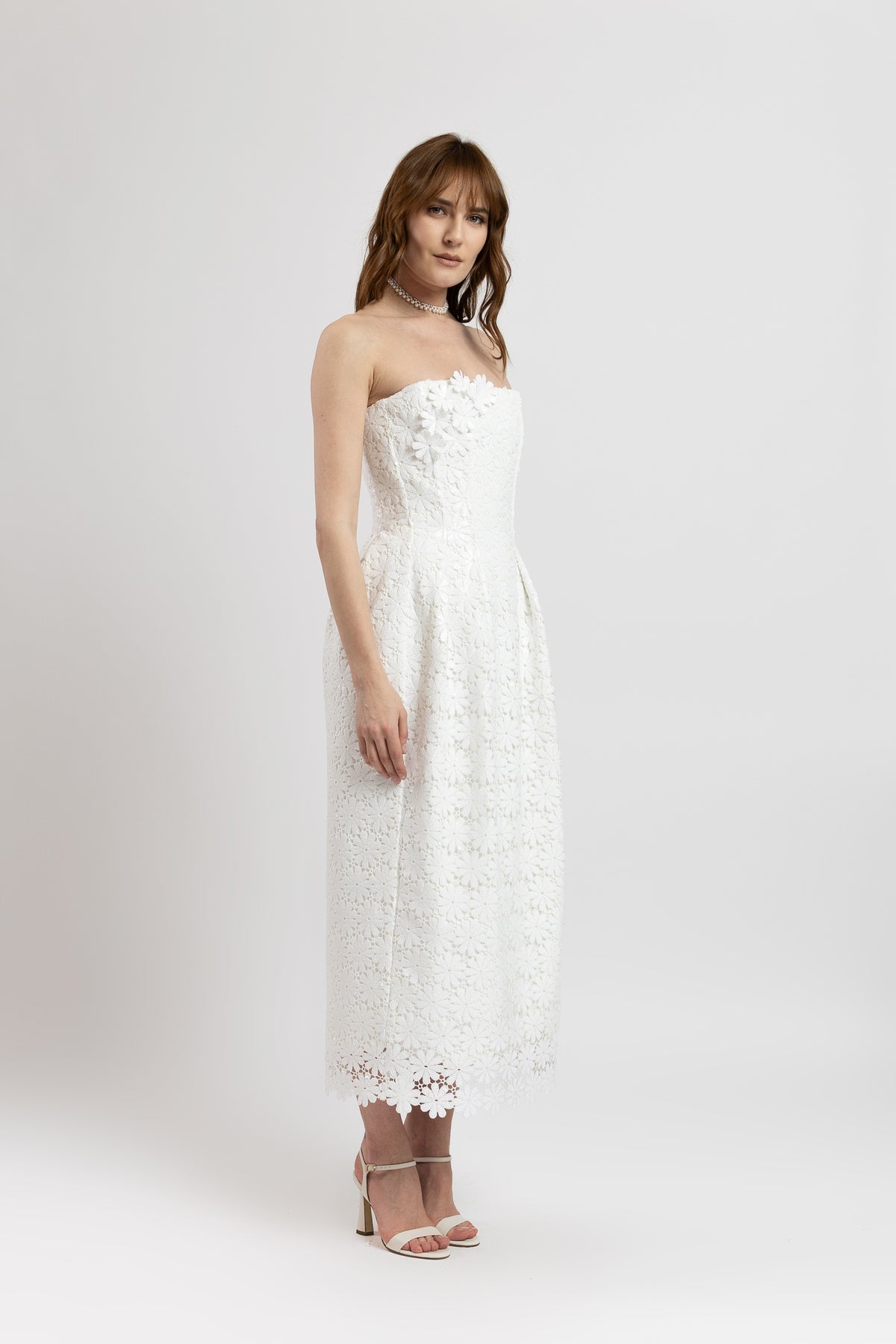 Long white macrame dress with sequins