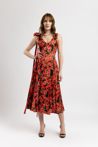 Long viscose dress with poppy floral print