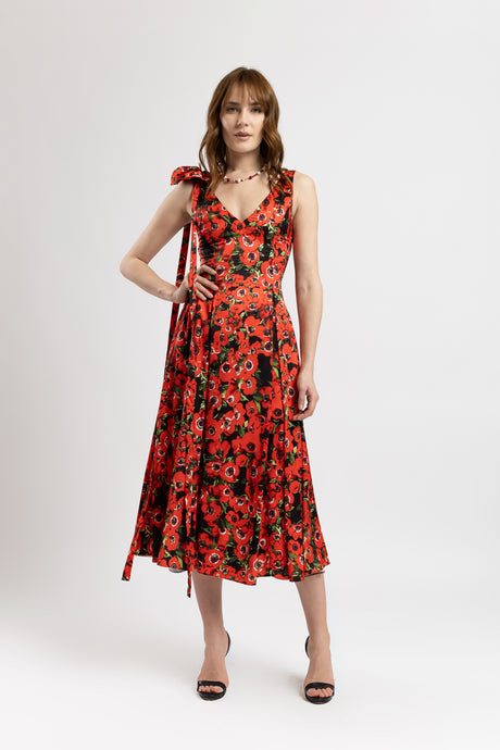 Rochie lunga din vascoza cu imprimeu floral maci