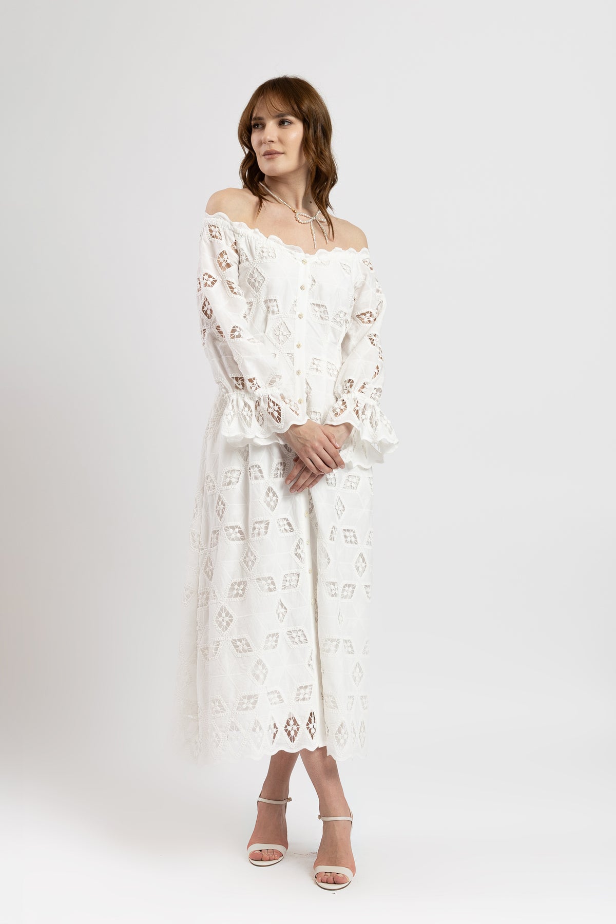 White cotton off-shoulder midi dress with broken embroidery