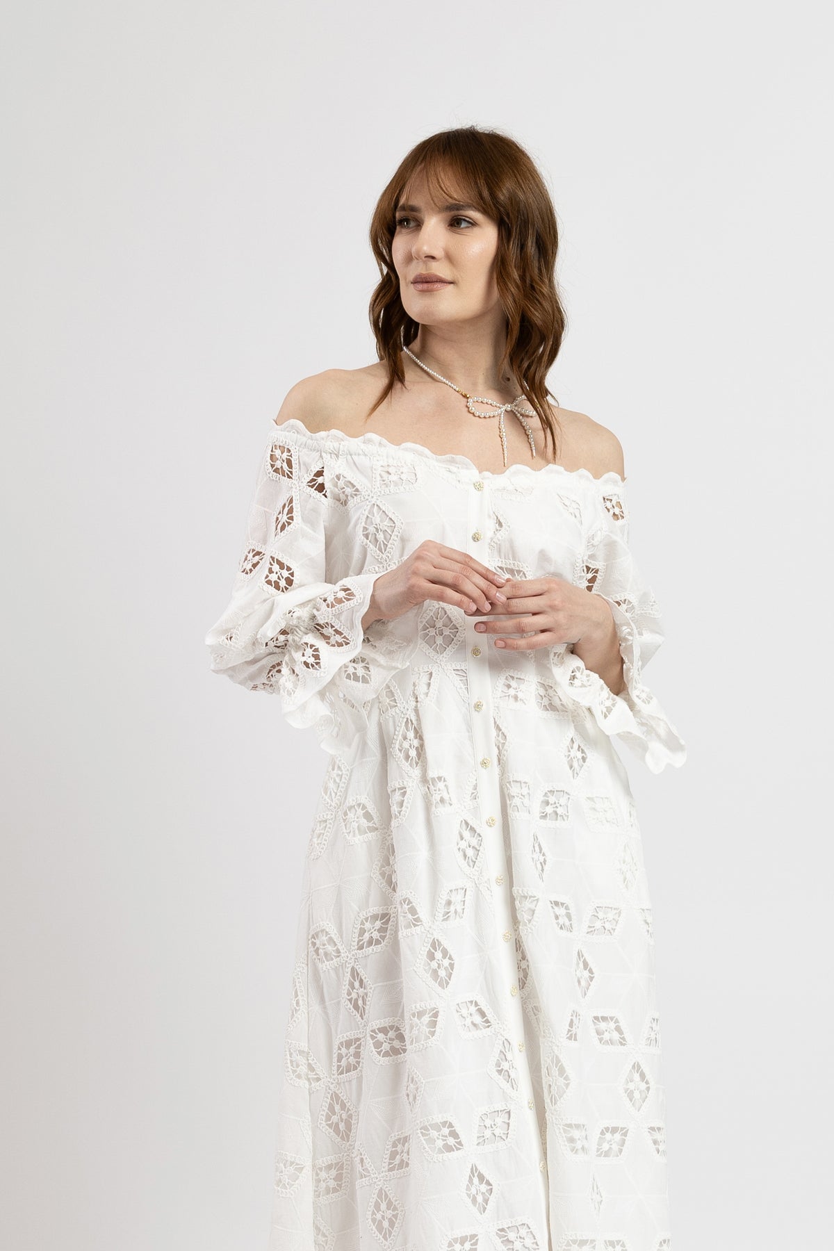 White cotton off-shoulder midi dress with broken embroidery