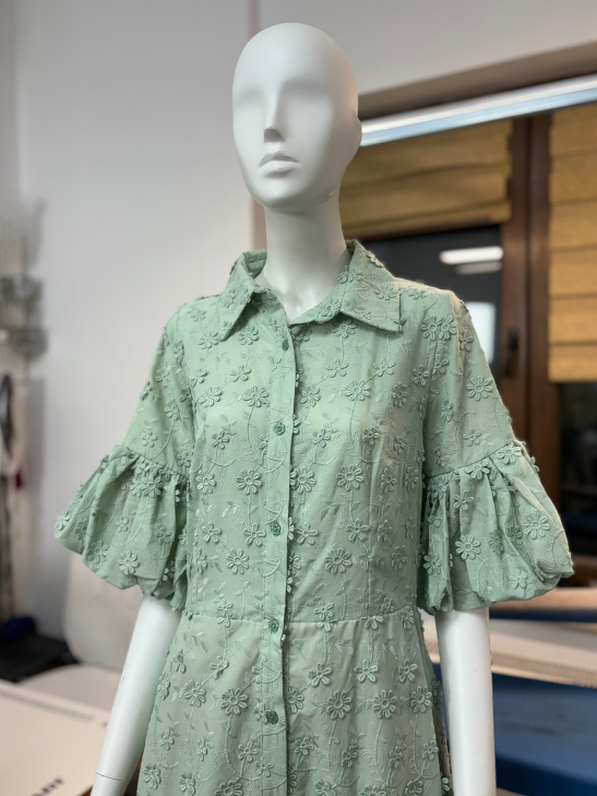 Load image into Gallery viewer, Rochie midi din bumbac verde cu flori 3D