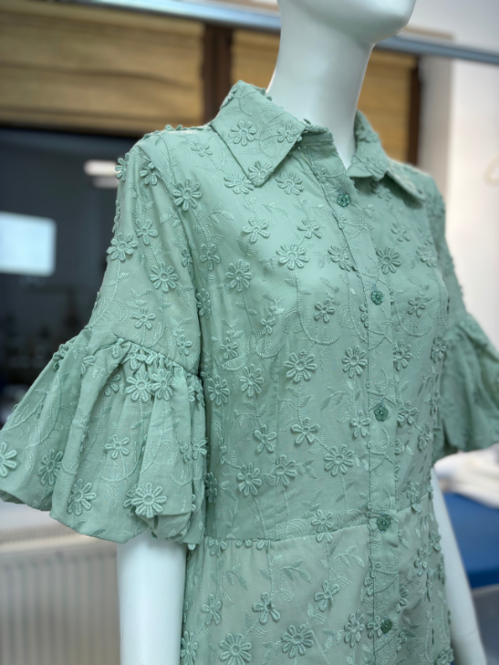 Load image into Gallery viewer, Rochie midi din bumbac verde cu flori 3D