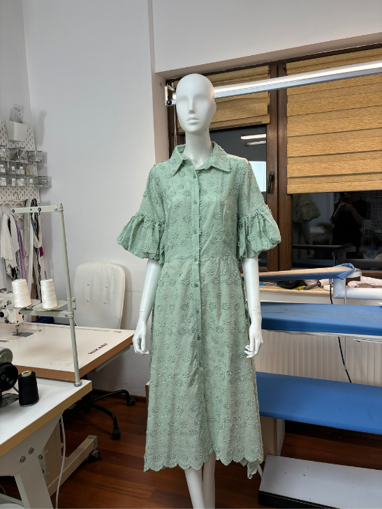 Load image into Gallery viewer, Rochie midi din bumbac verde cu flori 3D