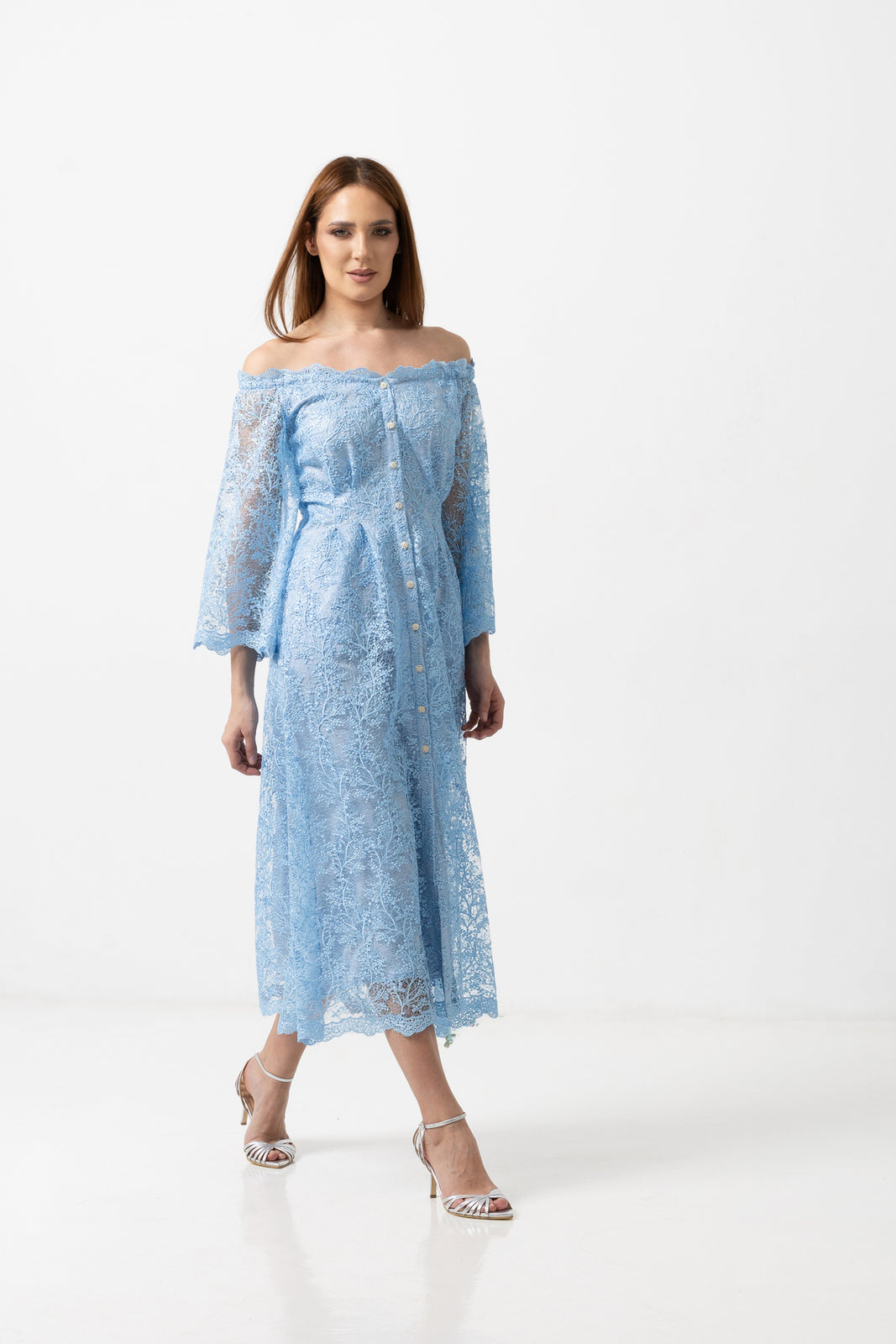 Load image into Gallery viewer, Dusty pink midi dress with cut-out shoulders