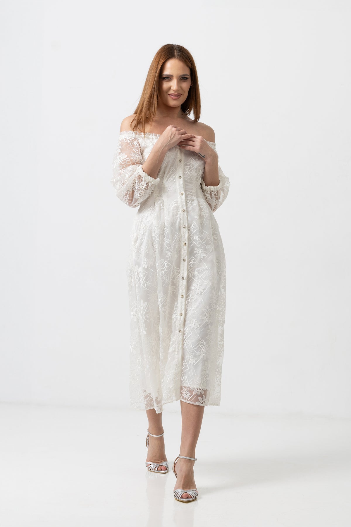 Rochie midi din organza cu umeri decupati