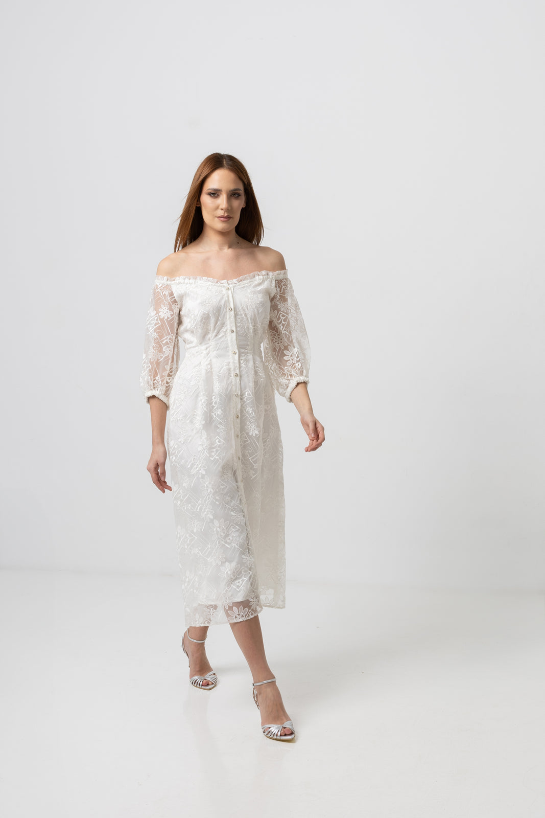 Incarca imaginea in galerie, Rochie midi din organza cu umeri decupati