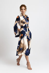 Digitally printed satin shirt dress with flowers